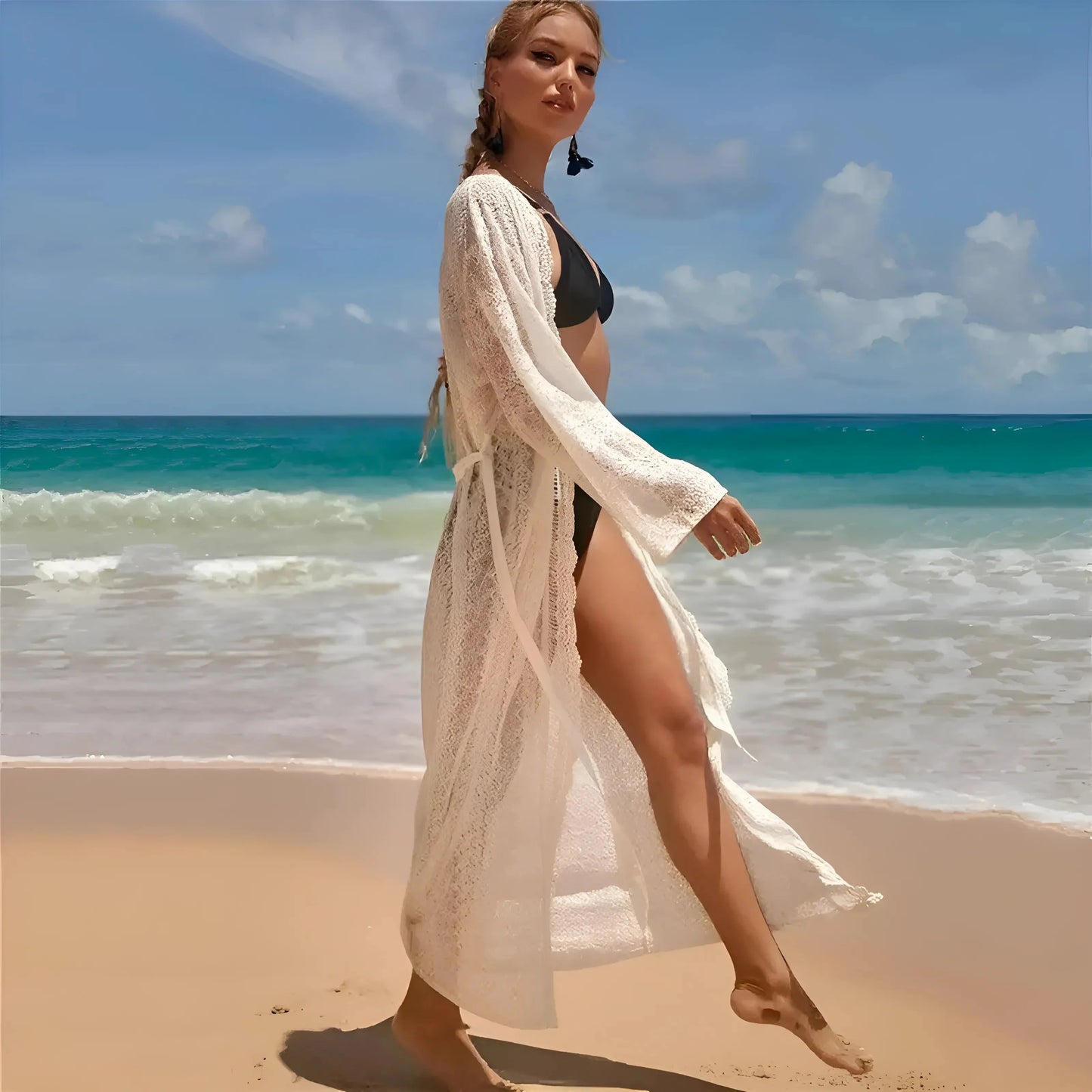 White Long Lace Beach Kimono