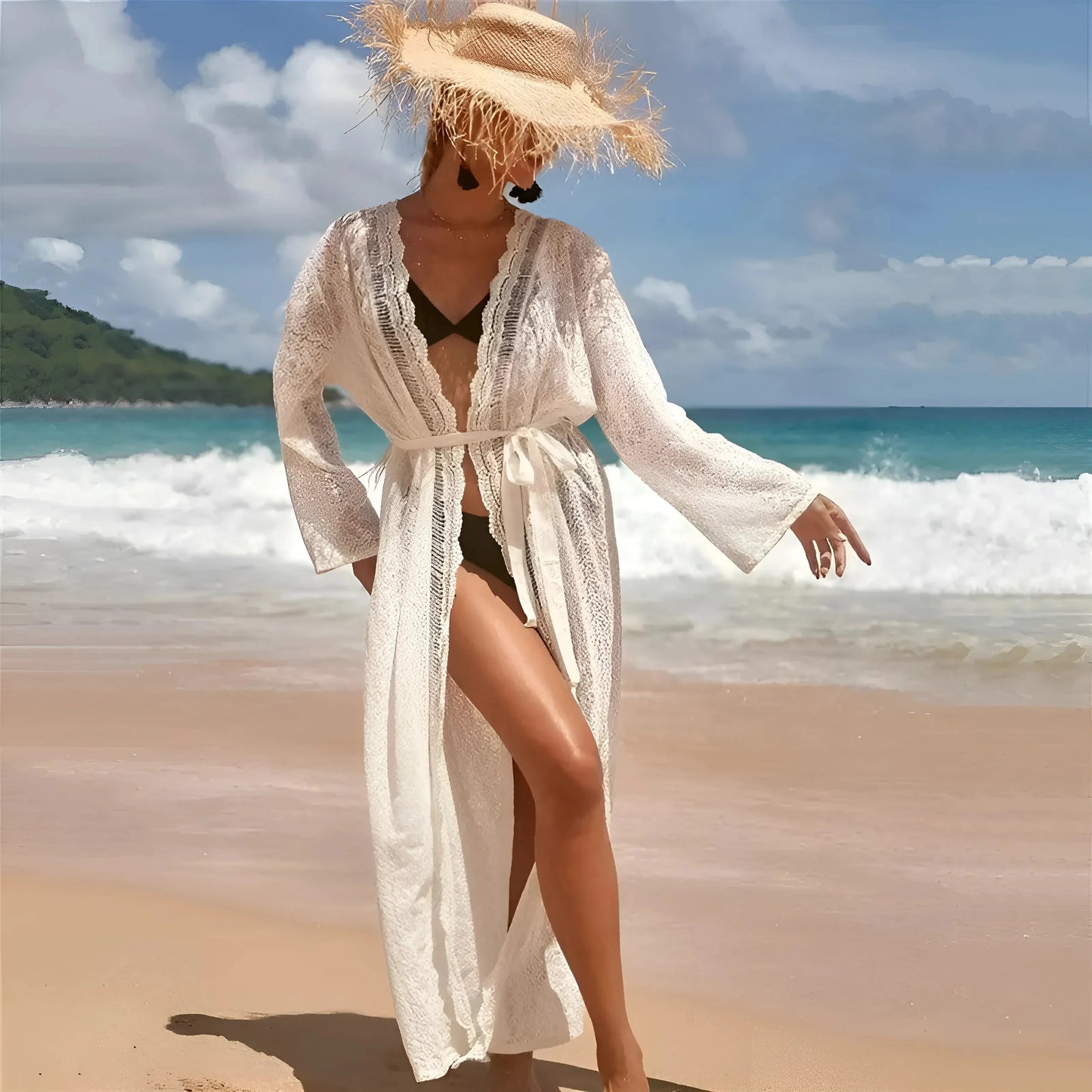 White Long Lace Beach Kimono
