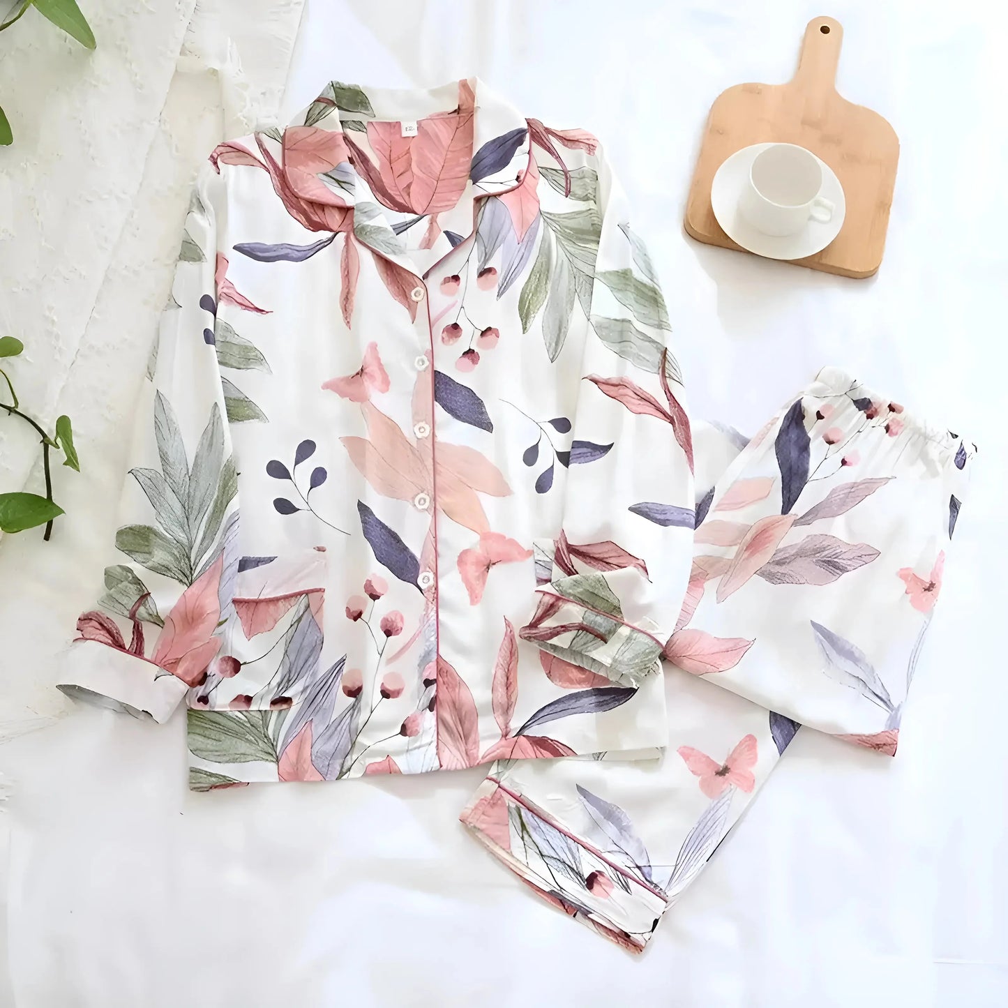 White Long Pyjama Set with Patterns