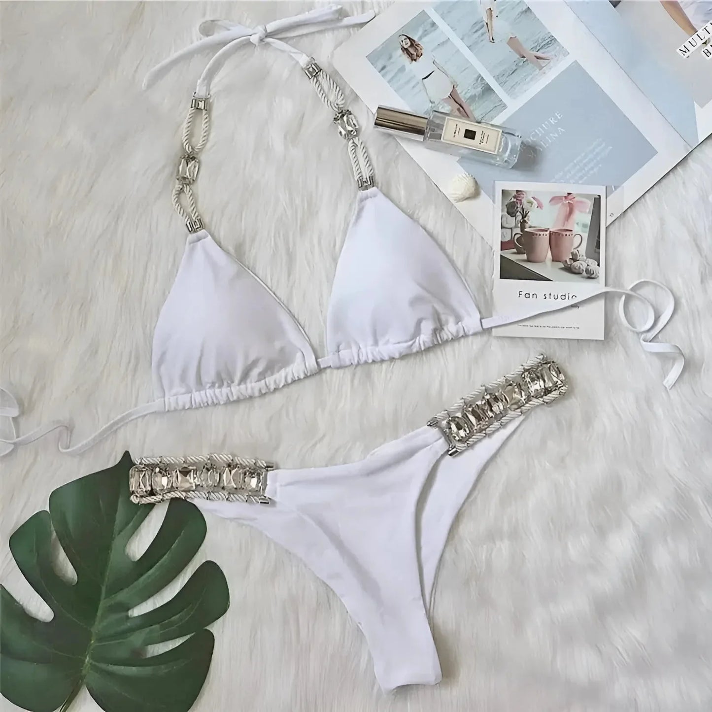 White Two-Piece Swimsuit with Decorative Embellishments