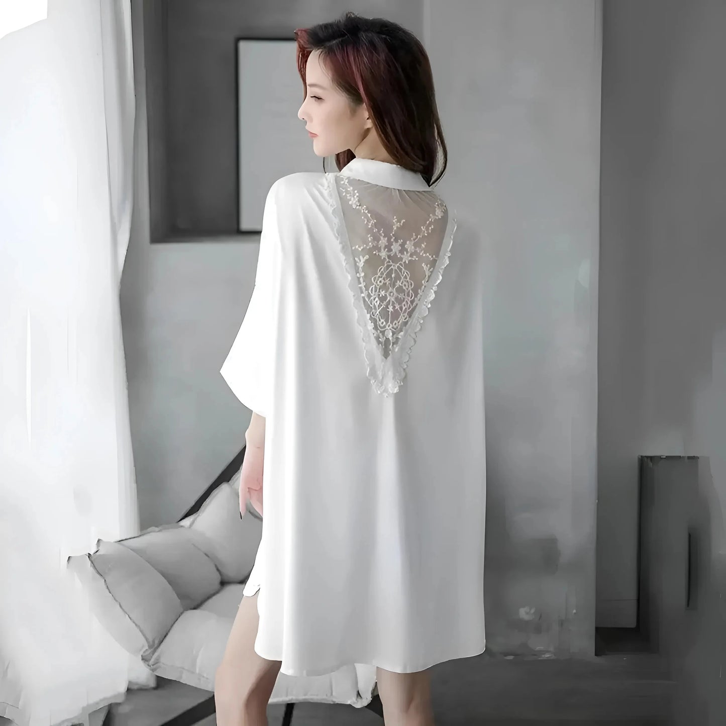 White Women's Robe with Lace Back