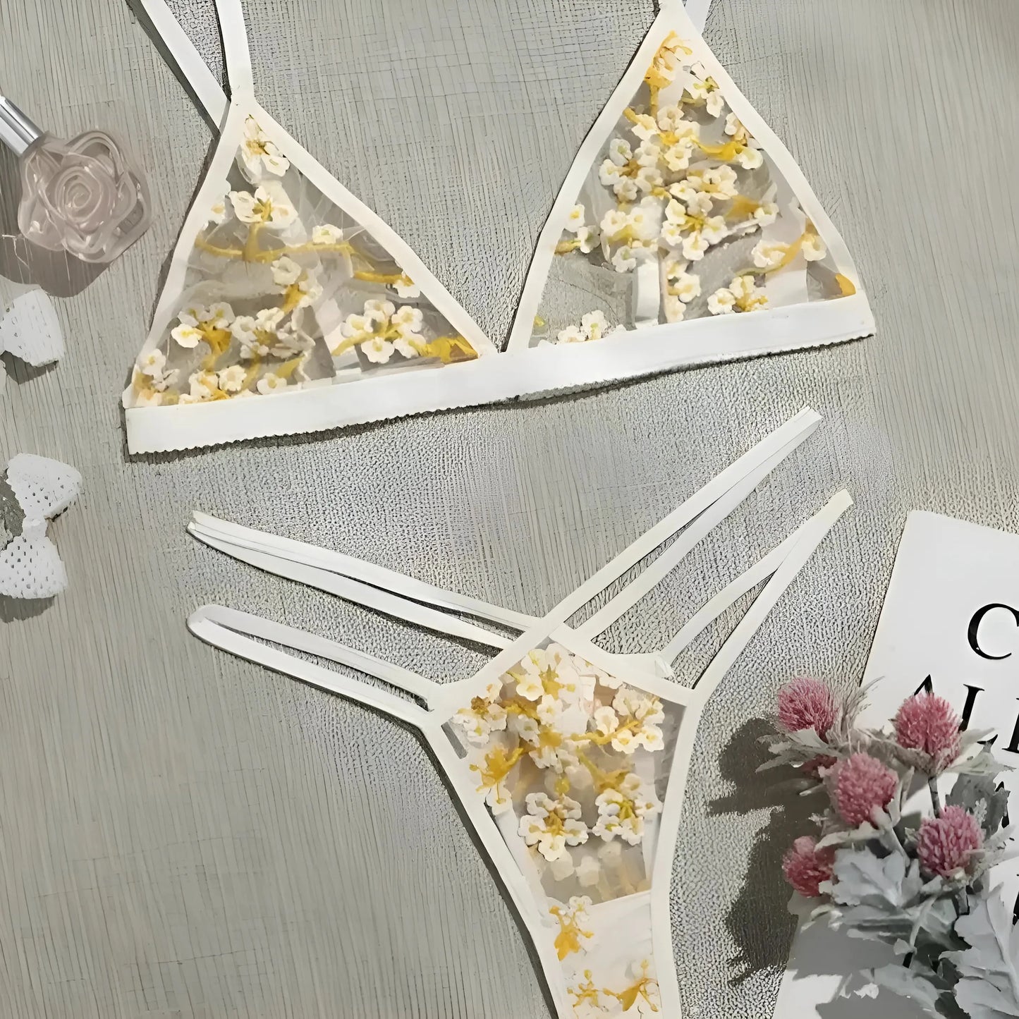 Yellow Lace Lingerie Set with Yellow Flowers