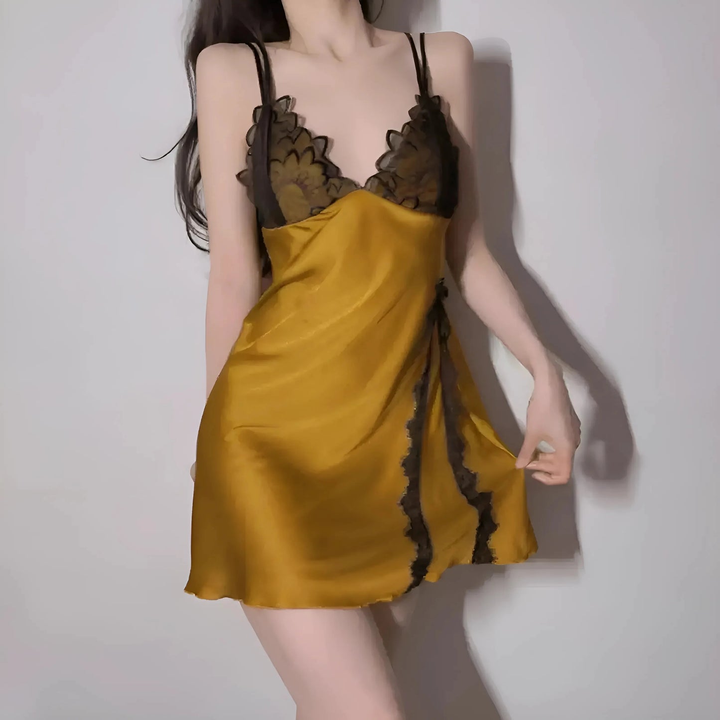 Yellow Lace Trim Nightdress with Slit