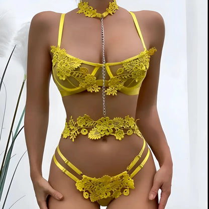 3-Piece Lingerie Set with Floral Lace