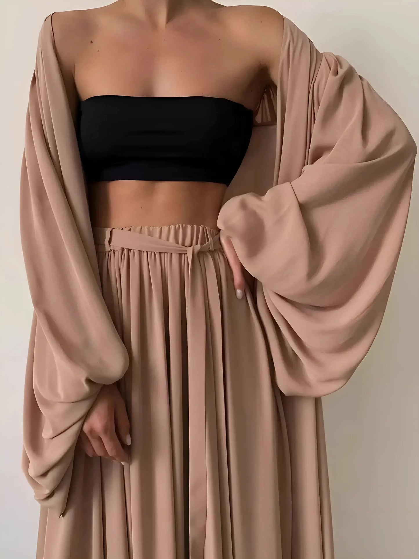 3-piece loungewear set with a top and long dressing gown