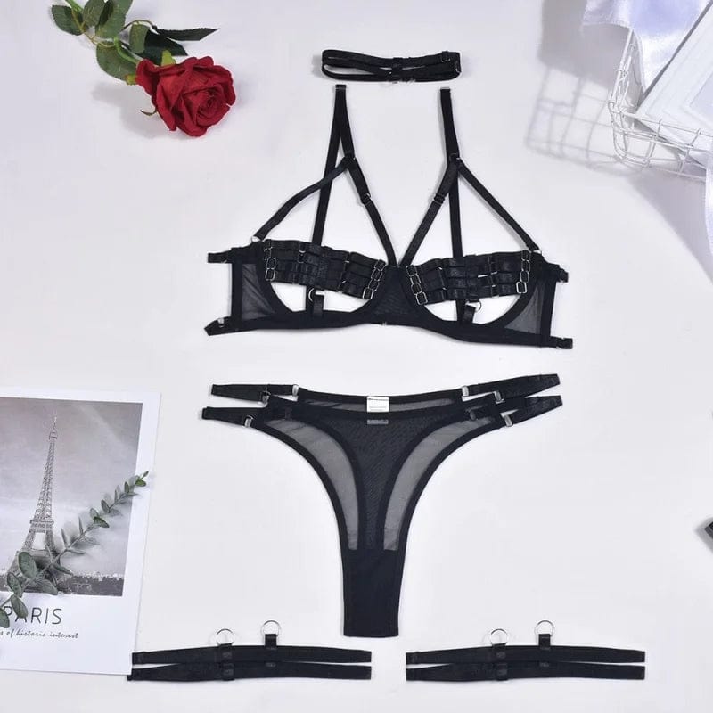  4-teiliges Lingerie-Set mit Zierstreifen