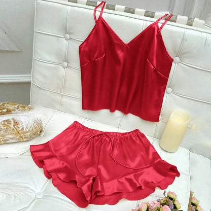Schlafanzugset mit satiniertem Top und Shorts