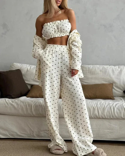 3-teiliges langes Pyjama mit Herzen