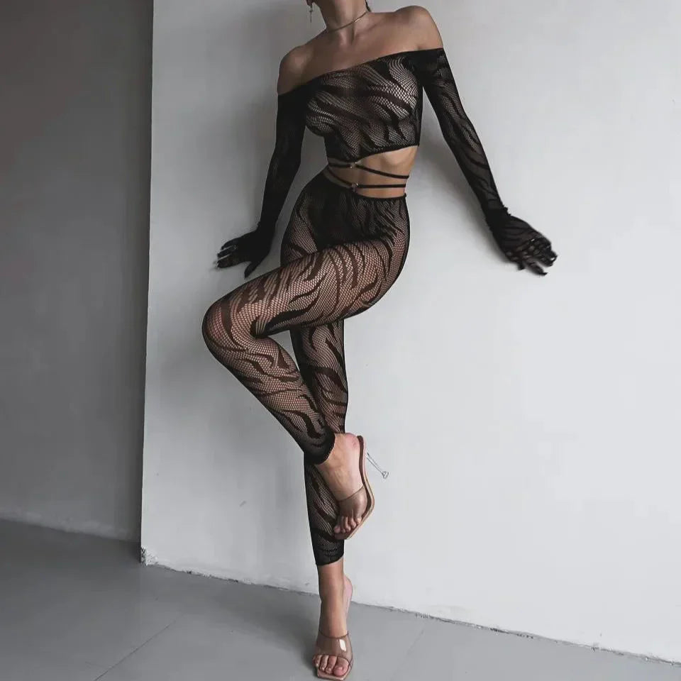 Komplettset Bodystocking aus transparentem Netzmaterial