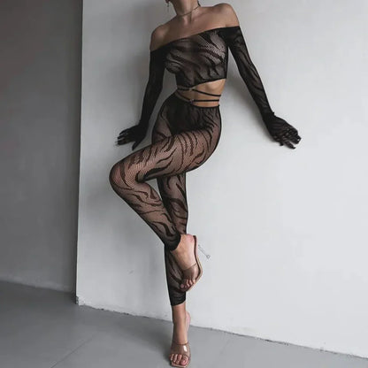 Komplettset Bodystocking aus transparentem Netzmaterial