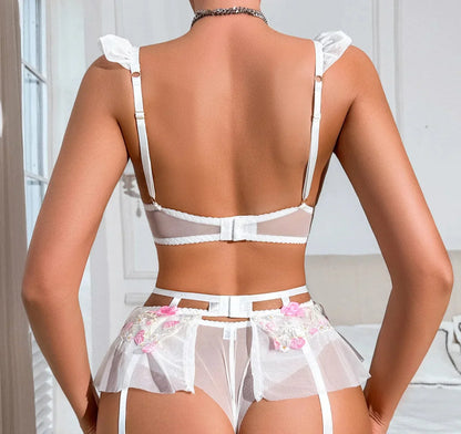 Komplettset aus Spitzenunterwäsche mit Blumenstickerei