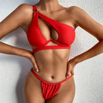 Asymmetrischer Bikini mit Schulterschnalle - Rot / S