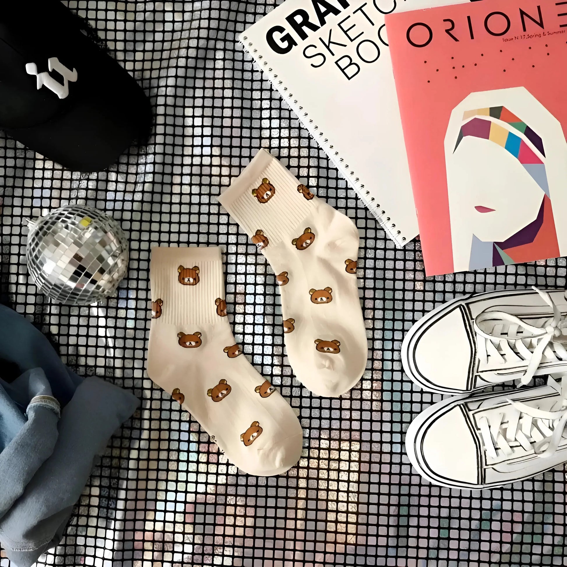 Beige Ankle Socks with Bear Design