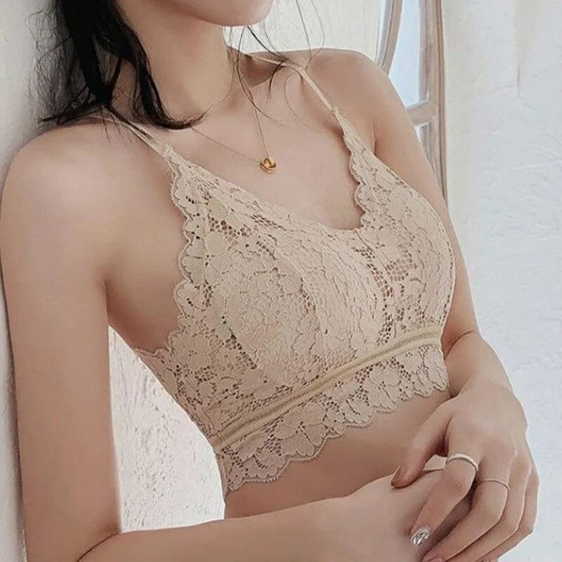 Beige Bralette-BH aus Spitze mit dekorativem Rücken