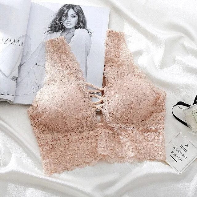 Beige Bralette-BH aus Spitze mit Streifen am Ausschnitt