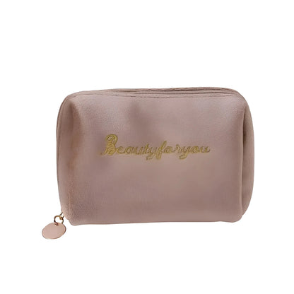 Beige Compact Zip-Up Cosmetic Bag