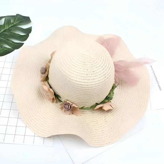 Beige Floral Beach Hat