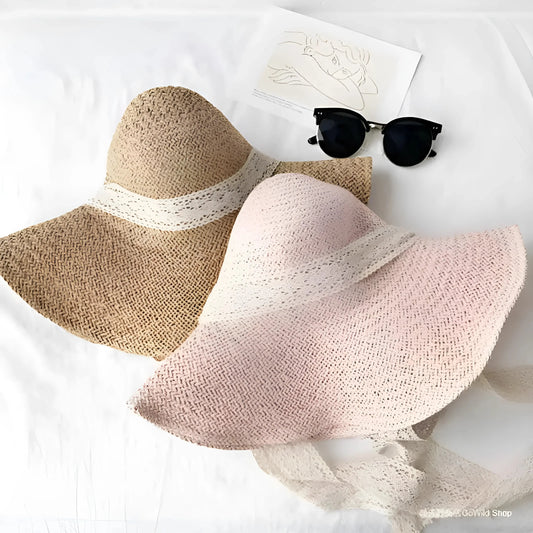 Beige-Pink Lace Ribbon Beach Hat