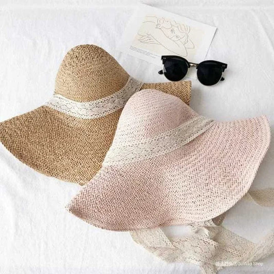 Beige-rosa Strandhut mit Spitzenband