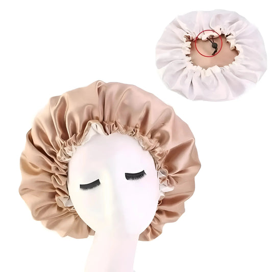 Beige Satin Sleep Cap with Adjustable Drawstring