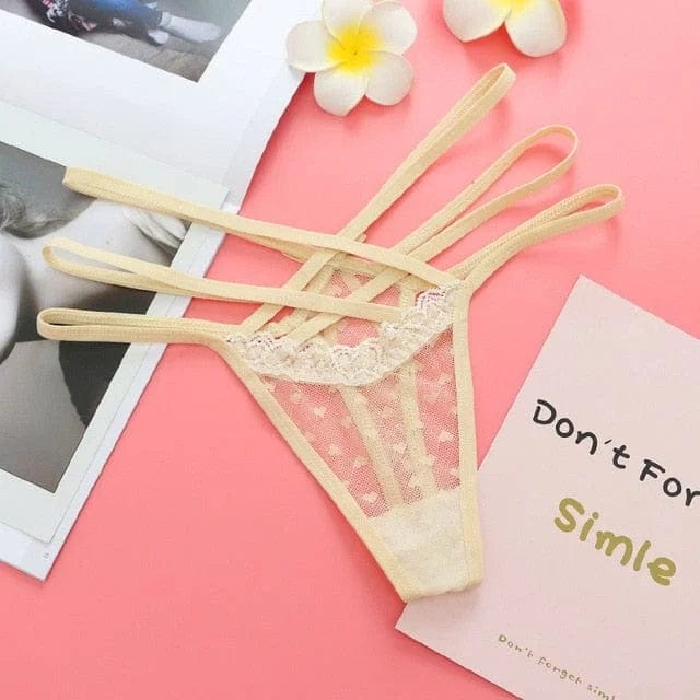 Beige Spitzenstrings mit Streifen