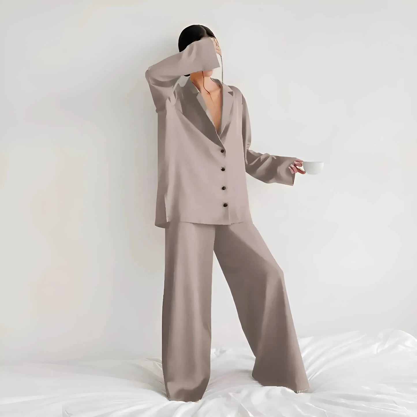 Beige Wide satin pyjama