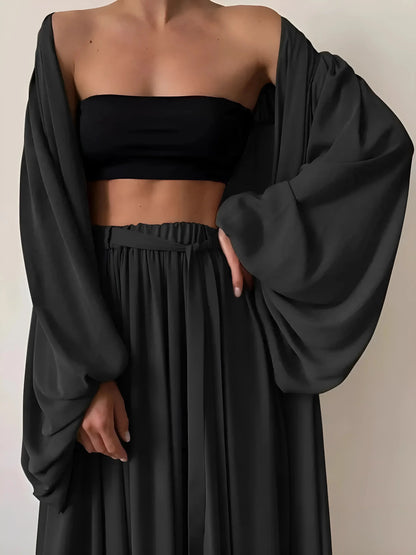 Black 3-piece loungewear set with a top and long dressing gown