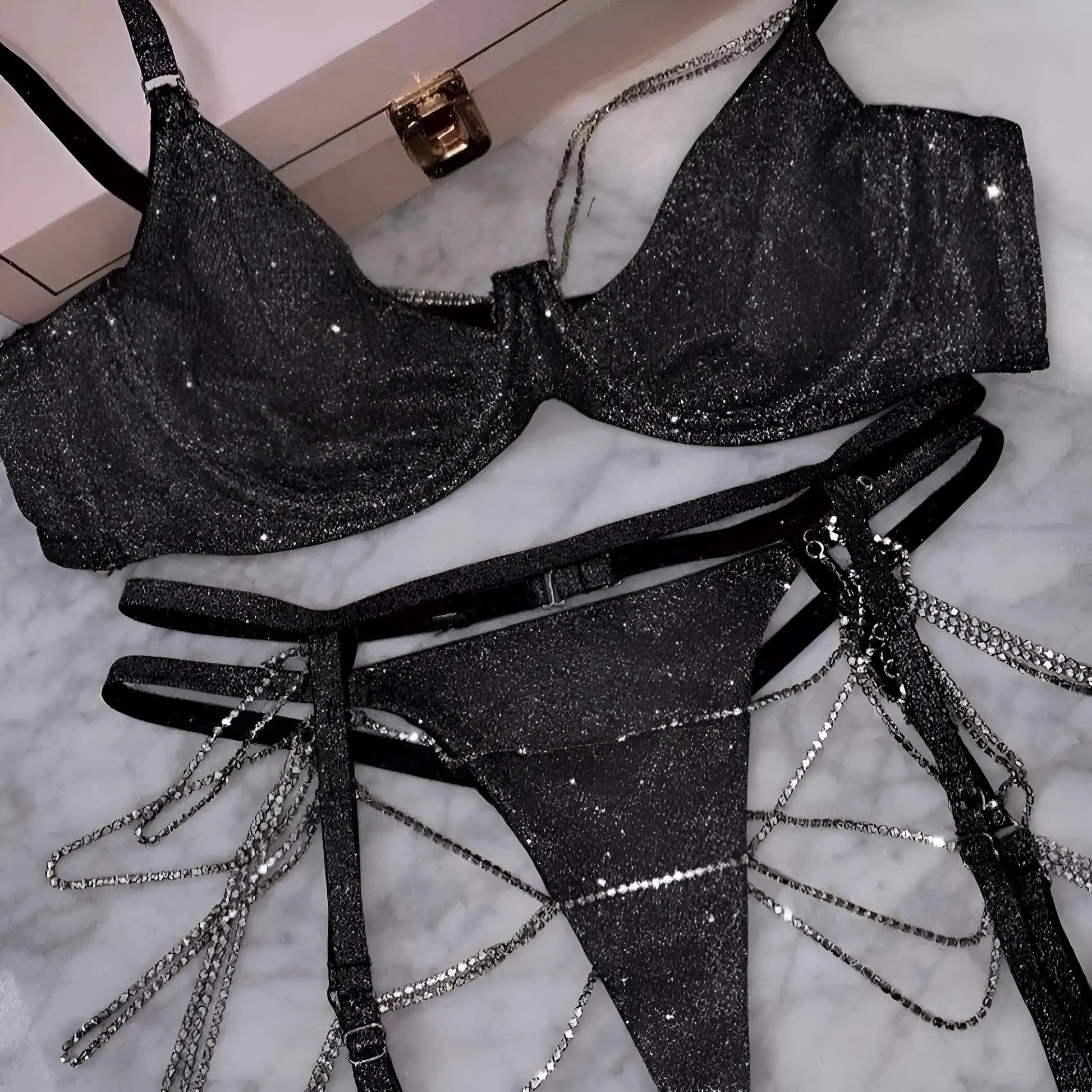 Black 3-Piece Shiny Lingerie Set