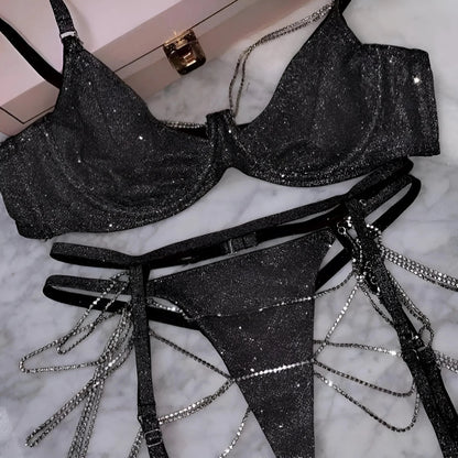 Black 3-Piece Shiny Lingerie Set