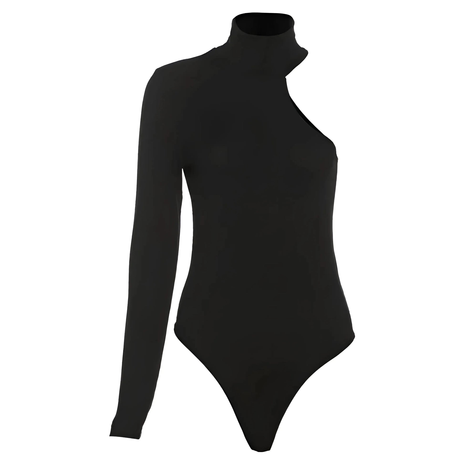 Black Black Turtleneck Bodysuit with One Shoulder Cut-Out