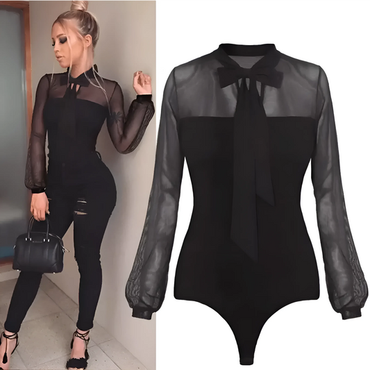 Black Collared Bodysuit with Neck Tie