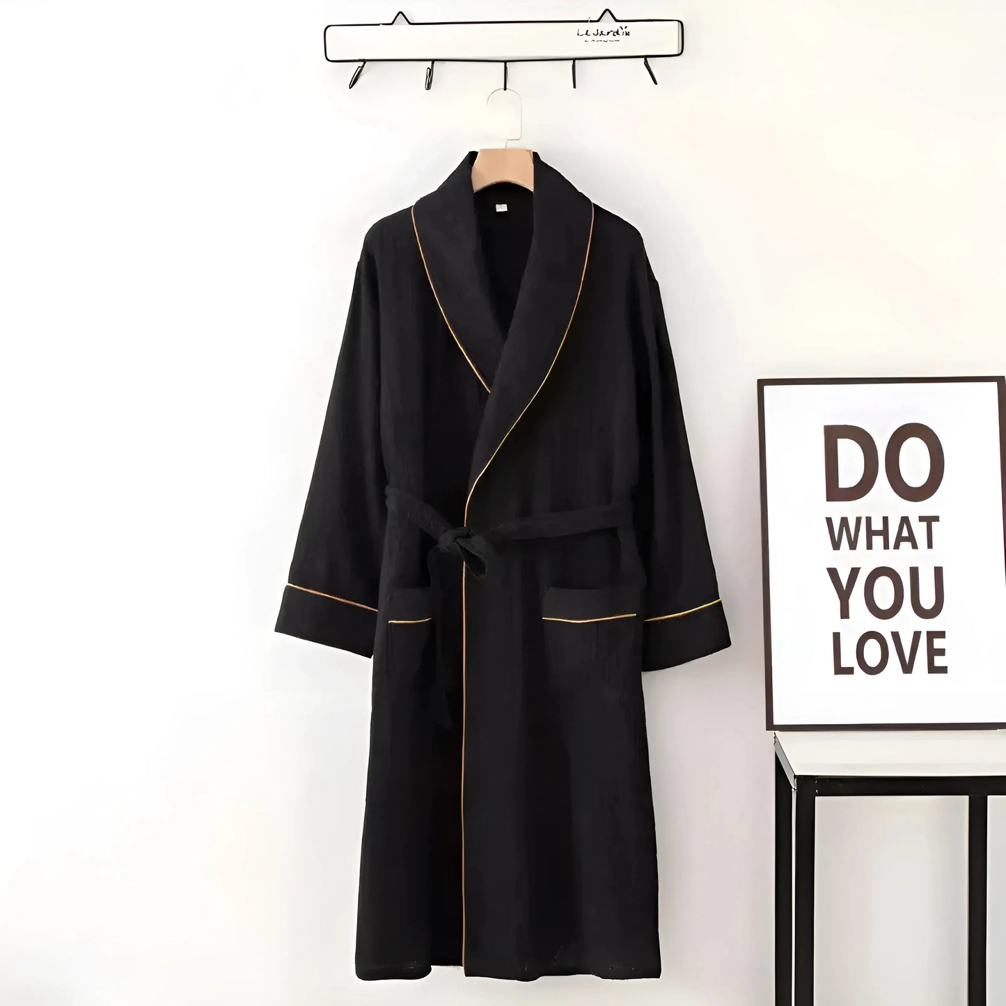 Black Dressing Gown with Decorative Trim