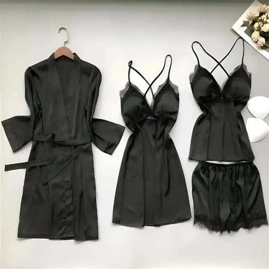 Black Four-Piece Satin Sleep Set