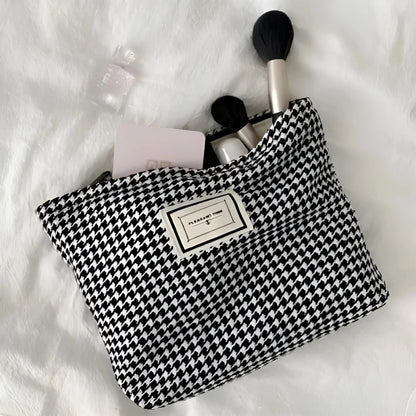 Black Houndstooth Fabric Makeup Bag