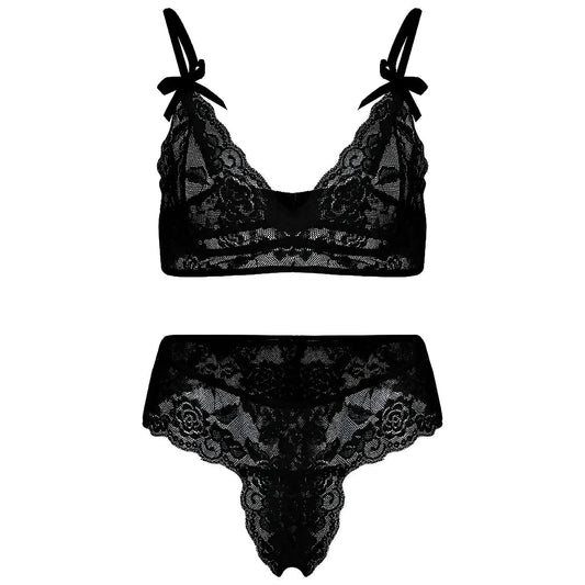 Black Lace Lingerie Set with Bows