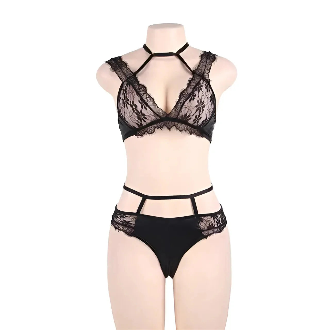 Black Lace Lingerie Set with Decorative Straps in Plus Sizes