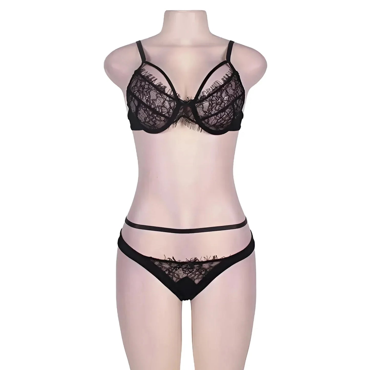 Black Lace Lingerie Set with Decorative Straps in Plus Sizes