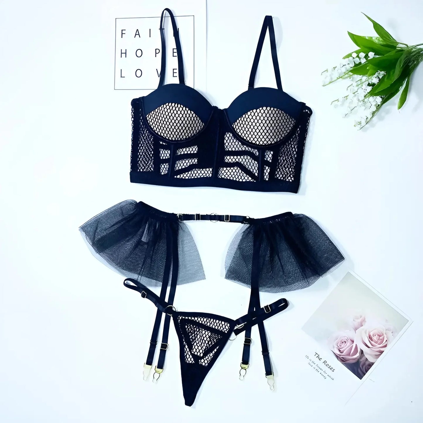 Black Lace Lingerie Set with Frills