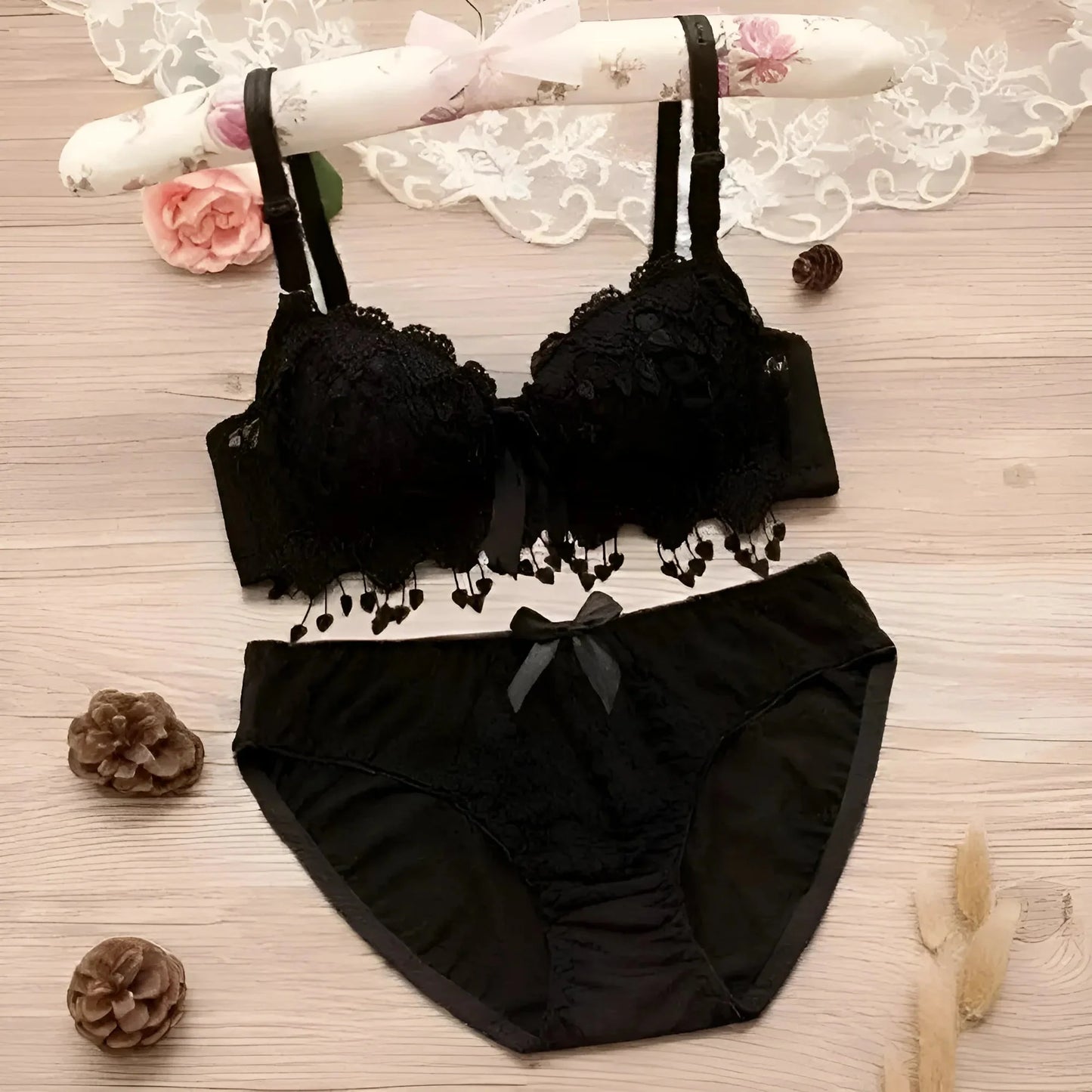 Black Lace Lingerie Set with Heart Motif