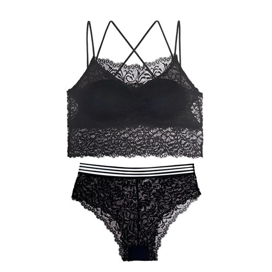 Black Lace Lingerie Set with Low-Cut Top