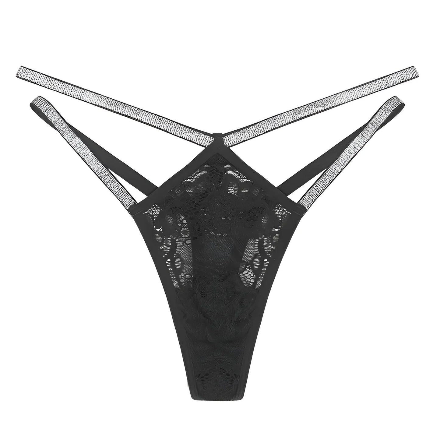 Black Lace String Thong with Shimmering Straps