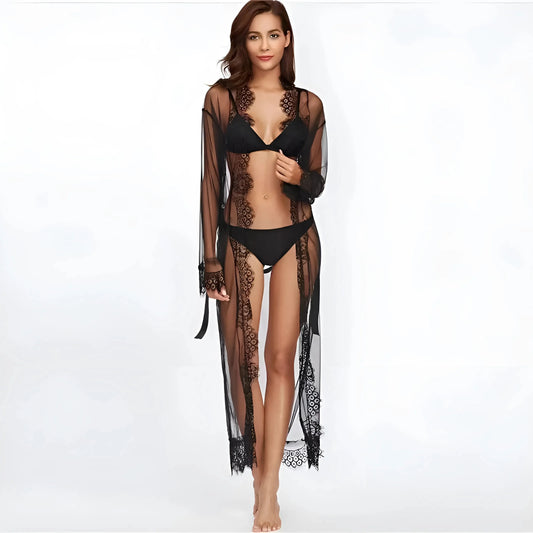 Black Long Lace Trim Robe