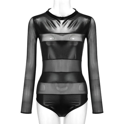 Black Long Sleeve Bodysuit with Leather Inserts