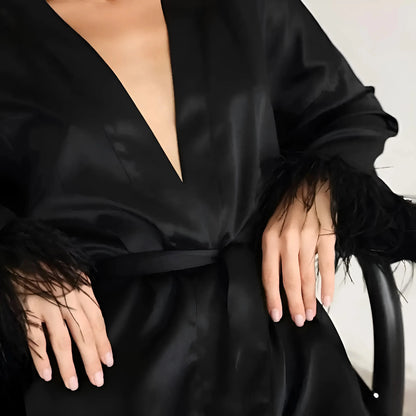 Black Satin Feather Trimmed Robe