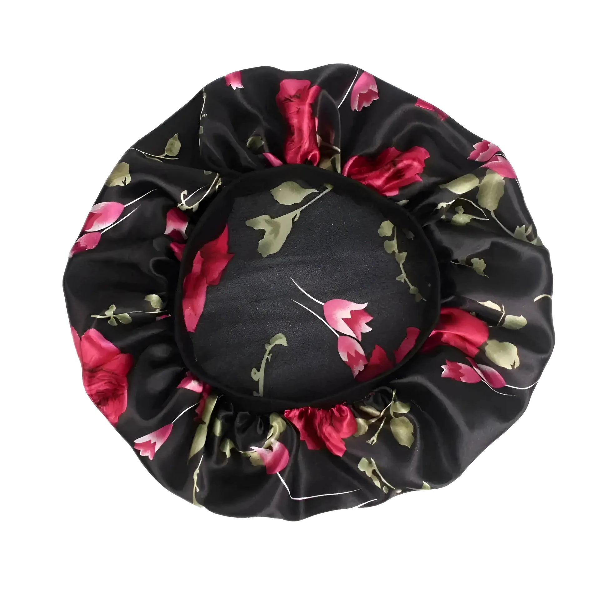 Black Satin Floral Sleep Cap