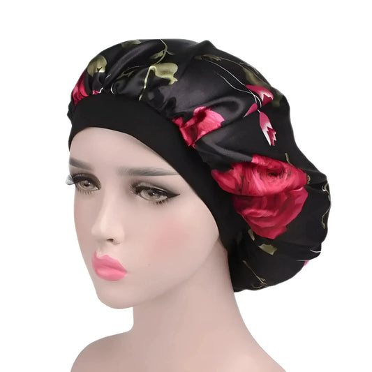 Black Satin Floral Sleep Cap