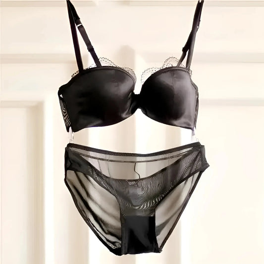 Black Satin Lace Lingerie Set