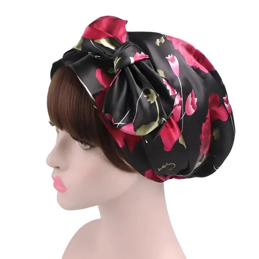 Black Satin Sleep Cap with Ties