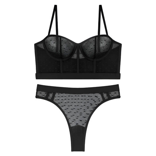 Black Sheer Lingerie Set with Low-Rise Bottoms