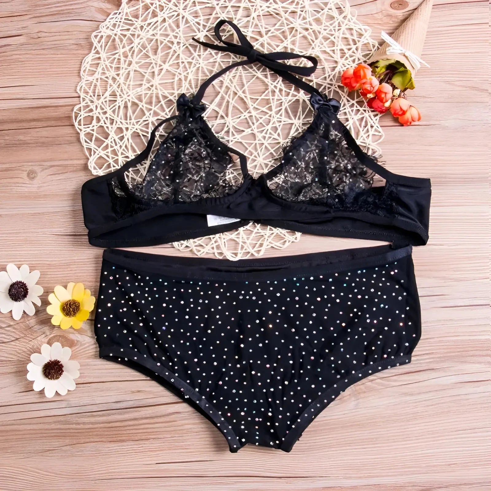 Black Shimmering Lace Lingerie Set